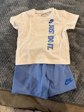 Nike White Tee with Blue 'Just Do It.' & Light Blue Shorts